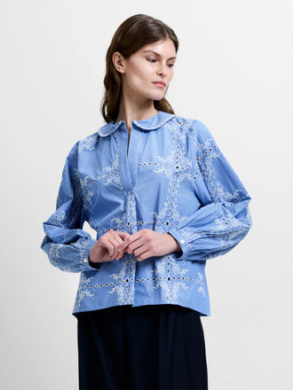 French Connection Grayson Peter Pan Collar Embroidered Top- Blue/White