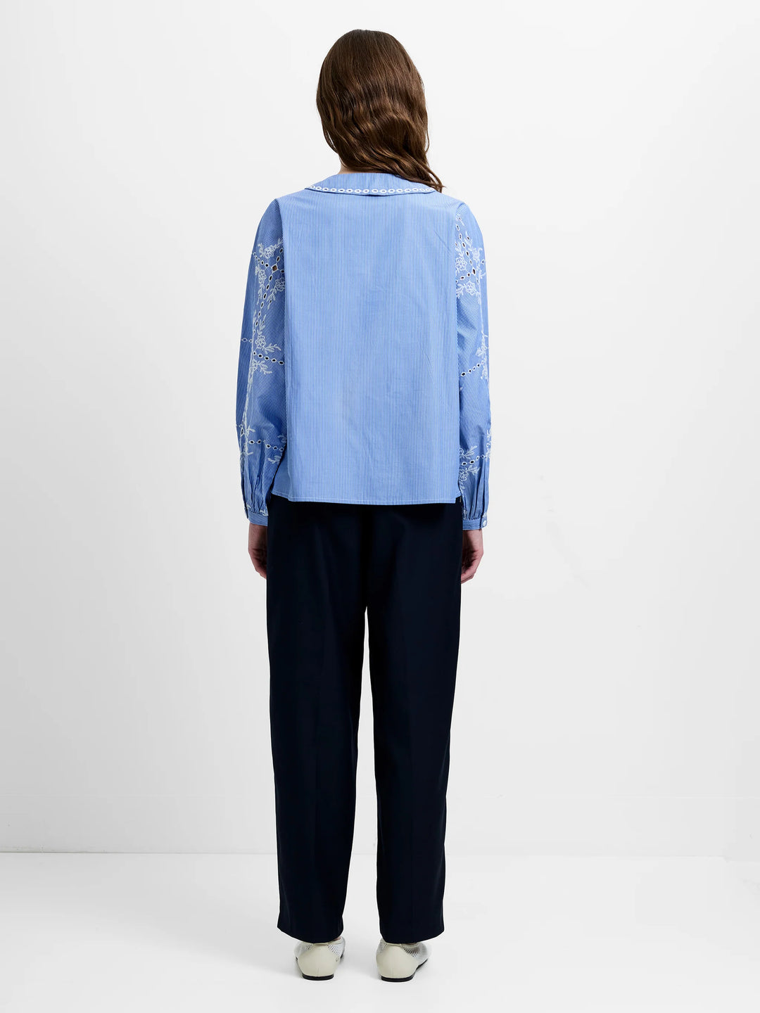 French Connection Grayson Peter Pan Collar Embroidered Top- Blue/White