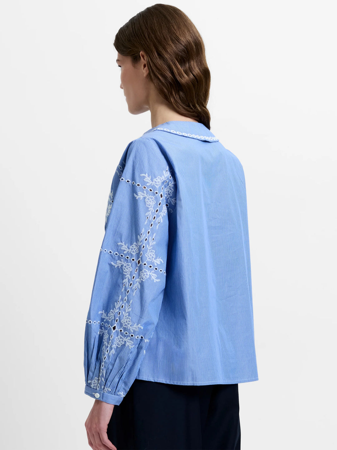 French Connection Grayson Peter Pan Collar Embroidered Top- Blue/White