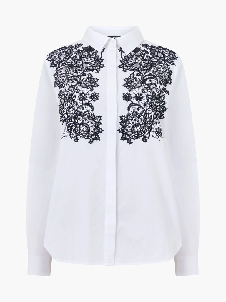 French Connection Cambria Contrast Floral Embroidery Shirt –  Linen White/Black.