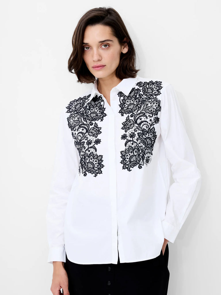 French Connection Cambria Contrast Floral Embroidery Shirt –  Linen White/Black.
