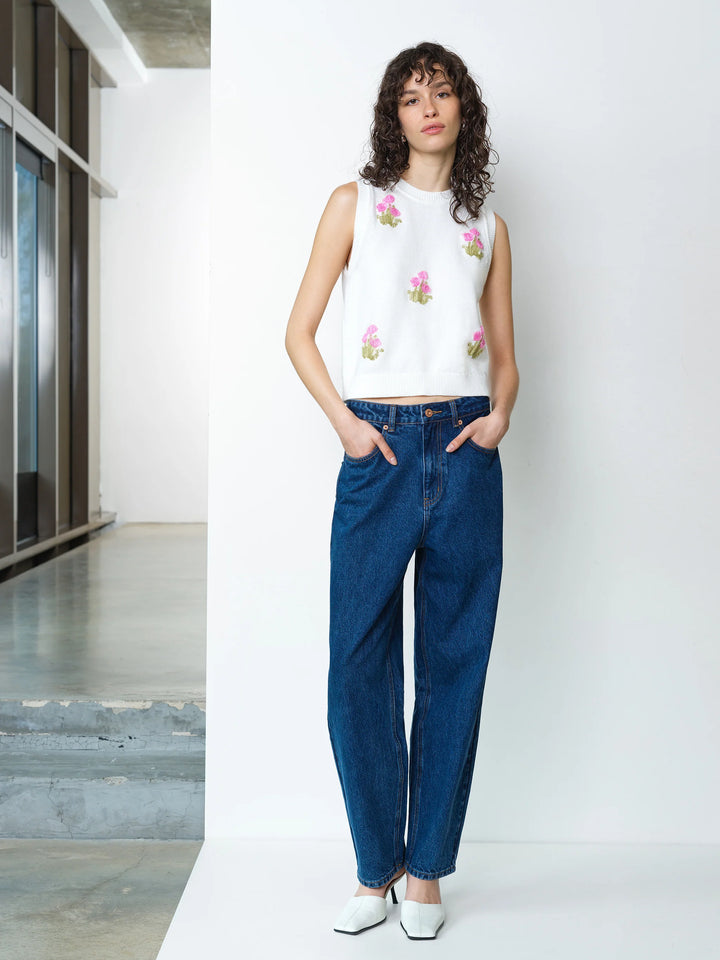 French Connection Junie Floral Applique Vest- Porcelain Cream/French Pink