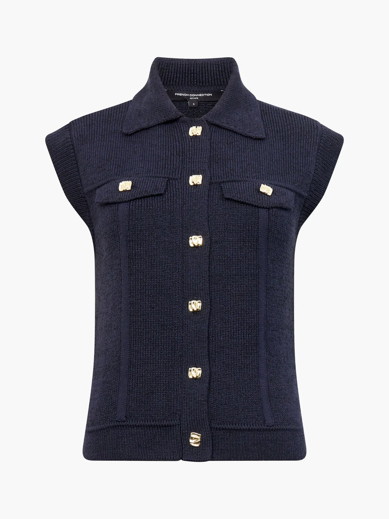 French Connection Roland Knit Collared Gilet- Indigo