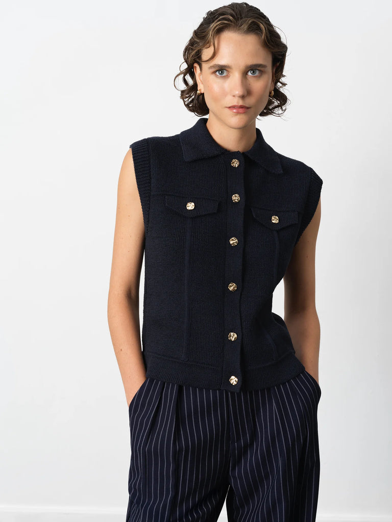 French Connection Roland Knit Collared Gilet- Indigo