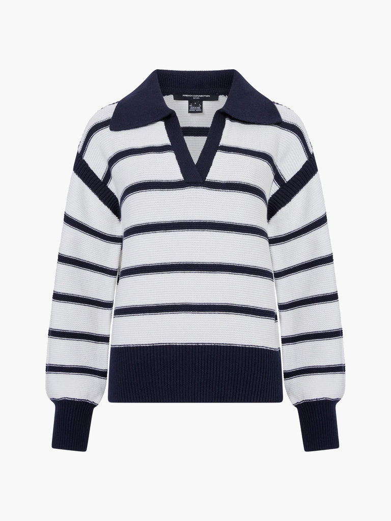 French Connection Lilly Mozart Striped Polo Jumper- Navy/Winter White