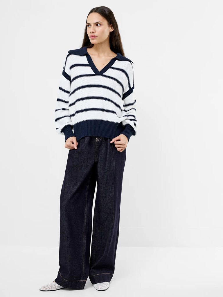 French Connection Lilly Mozart Striped Polo Jumper- Navy/Winter White