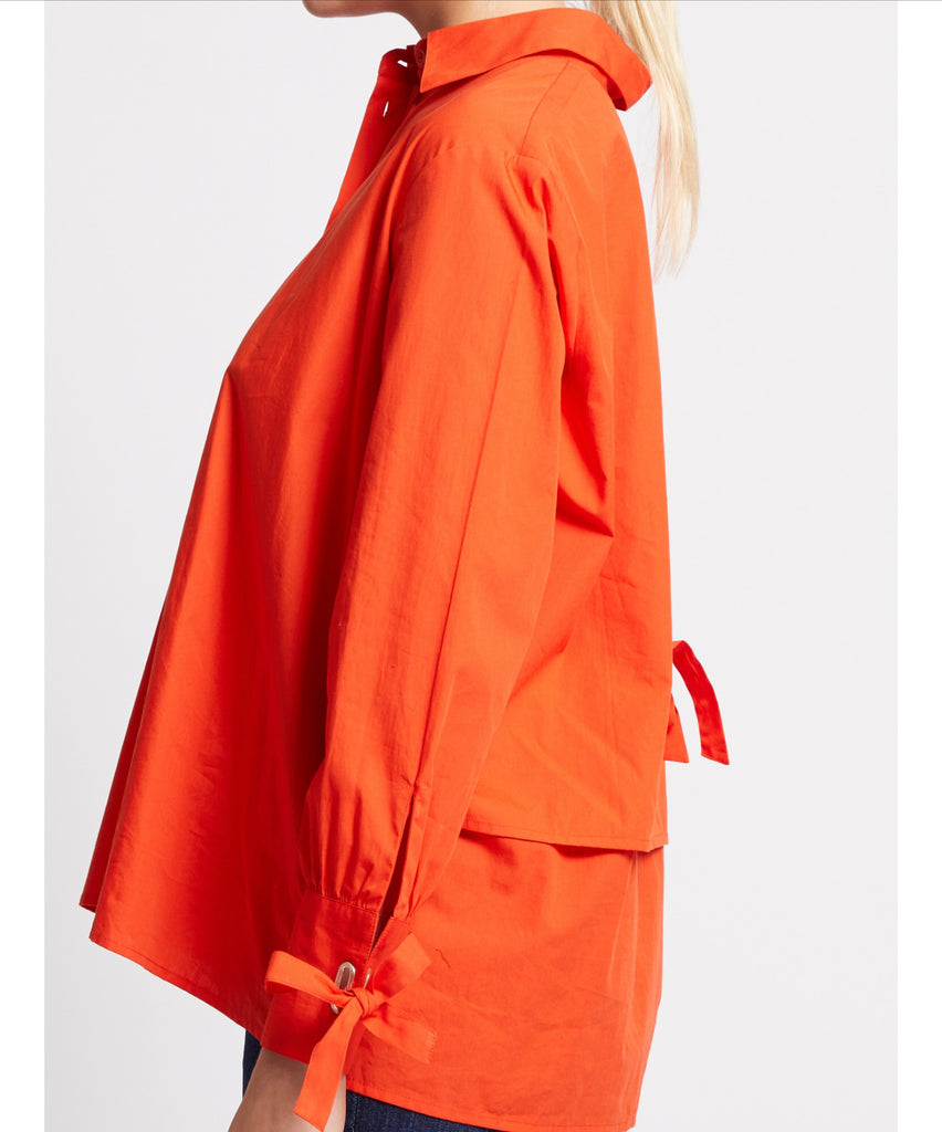 French Connection Cambria Cotton Tie Up Bow Shirt- Flame Orange
