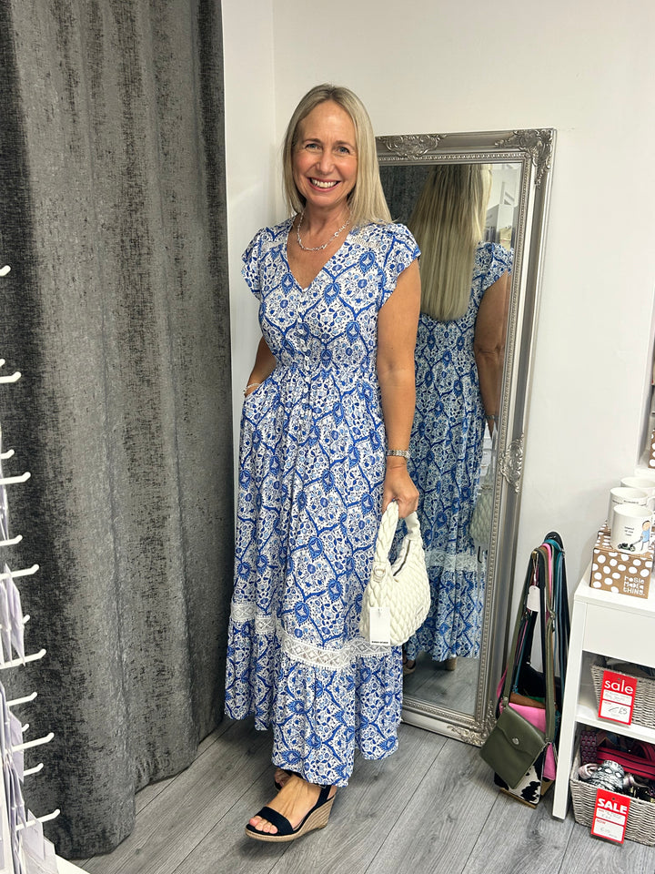 Italian Print Maxi Dress- Blue Paisley