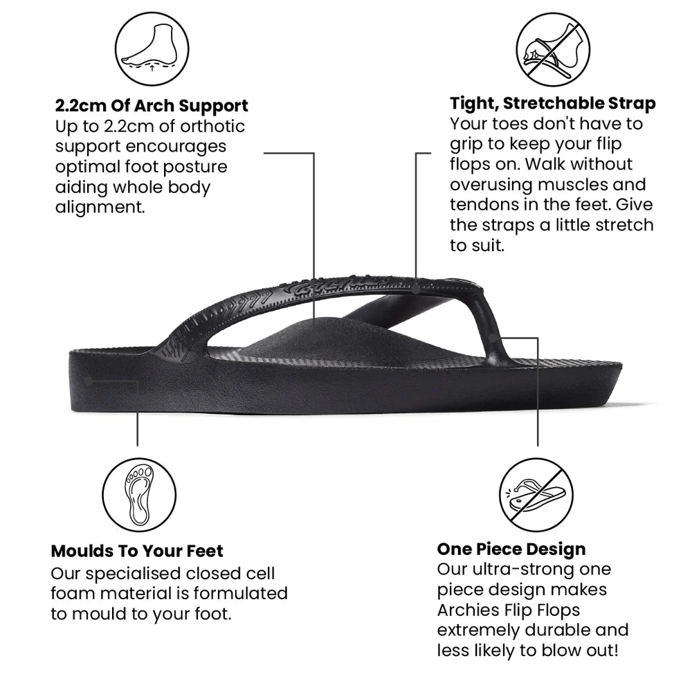 Archies Arch Support Flip Flops- Black