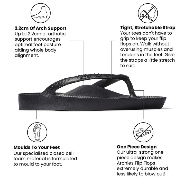 Archies Arch Support Flip Flops- Black
