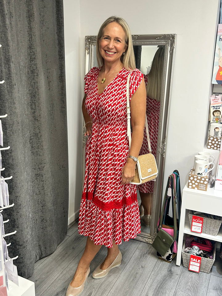 Italian Print Midi Dress- Poppy Red