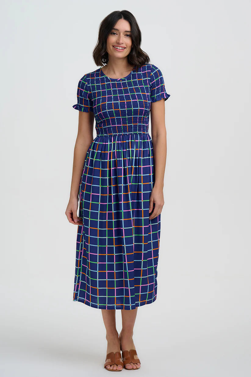Sugarhill Brighton Zamira Shirred Midi Dress- Blue Matchstick Check