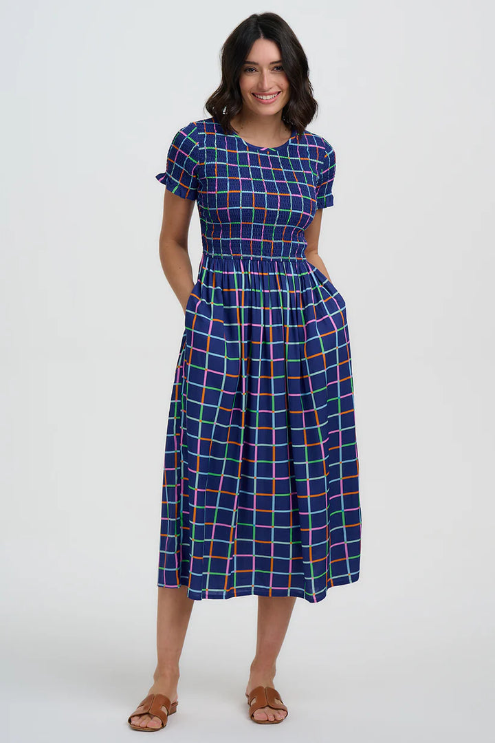 Sugarhill Brighton Zamira Shirred Midi Dress- Blue Matchstick Check
