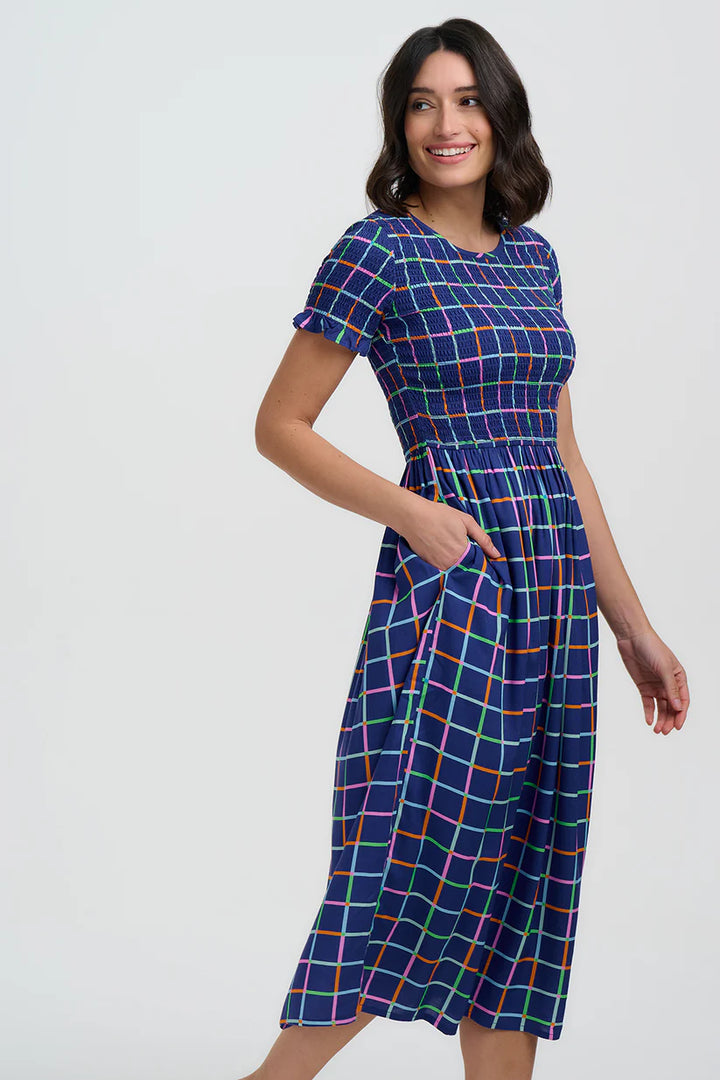 Sugarhill Brighton Zamira Shirred Midi Dress- Blue Matchstick Check