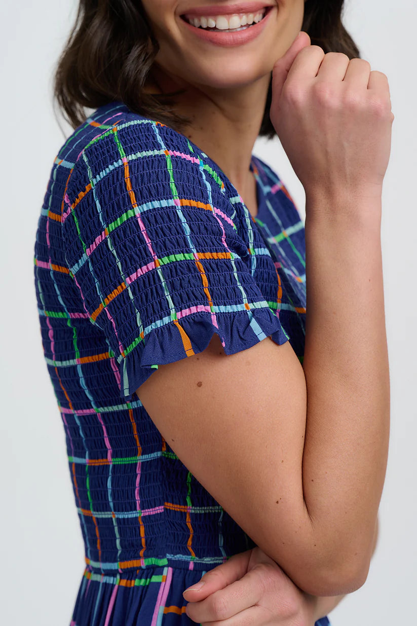 Sugarhill Brighton Zamira Shirred Midi Dress- Blue Matchstick Check