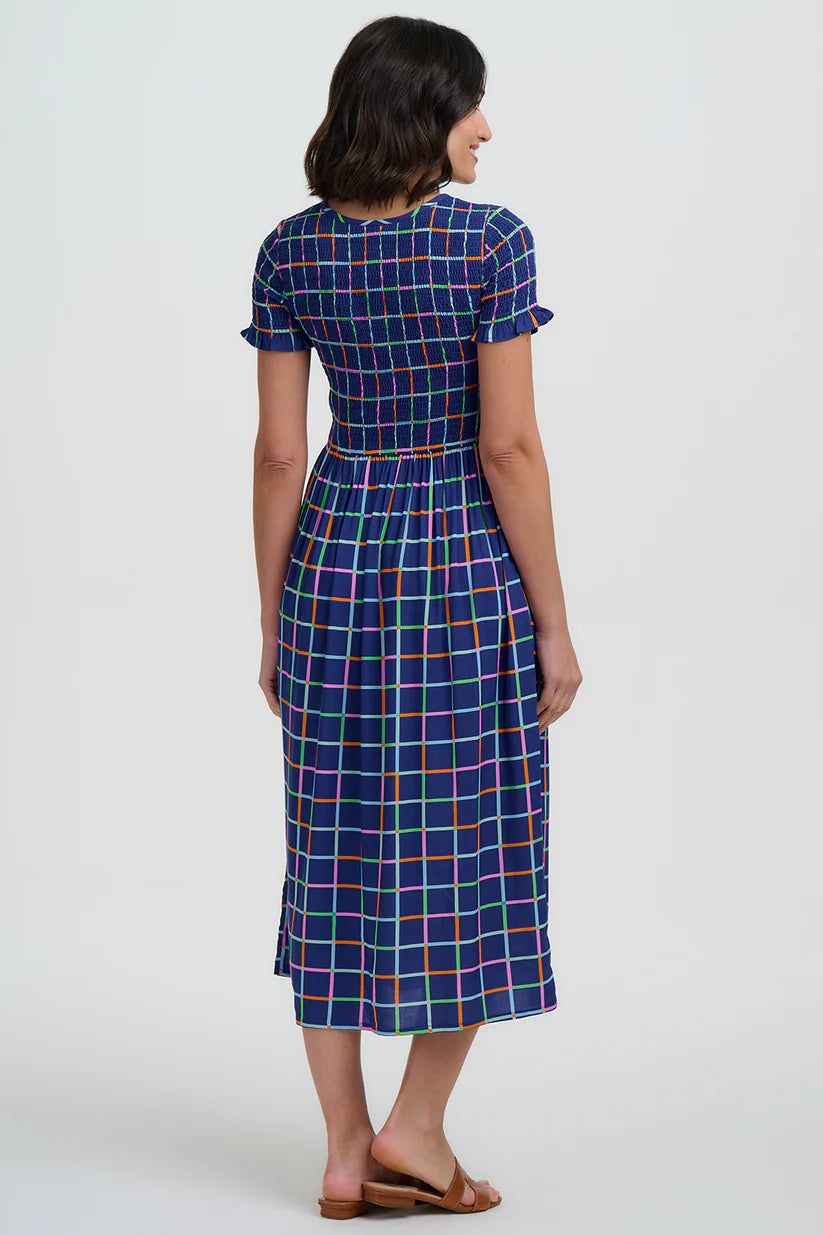 Sugarhill Brighton Zamira Shirred Midi Dress- Blue Matchstick Check