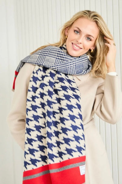 Elie Beaumont Navy Blue Dogtooth Check Luxury Scarf