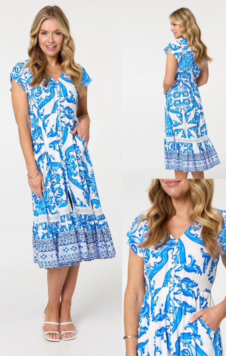 Stella White and blue Floral Midi Dress