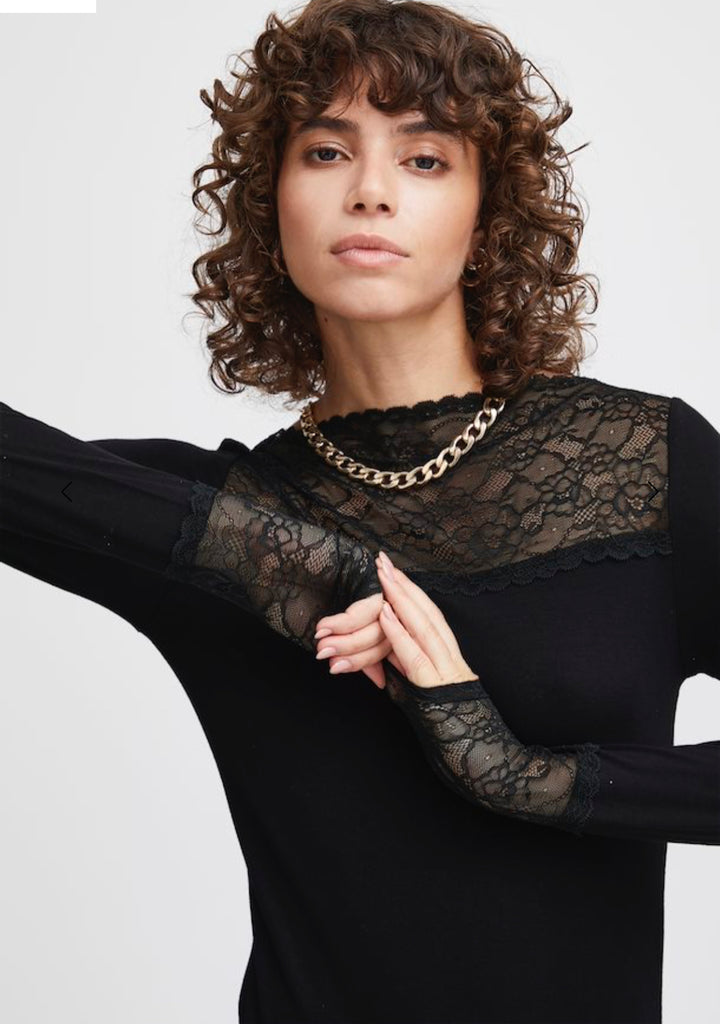 Ichi Kidetta Long Sleeved laced top-Black