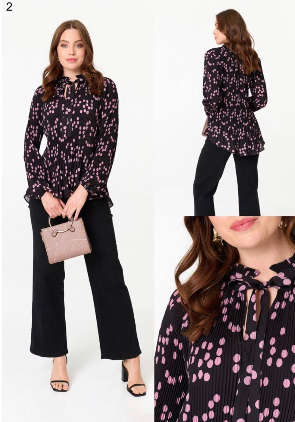 Women’s Black & Pink Spot Print Pleated Tie Neck Blouse