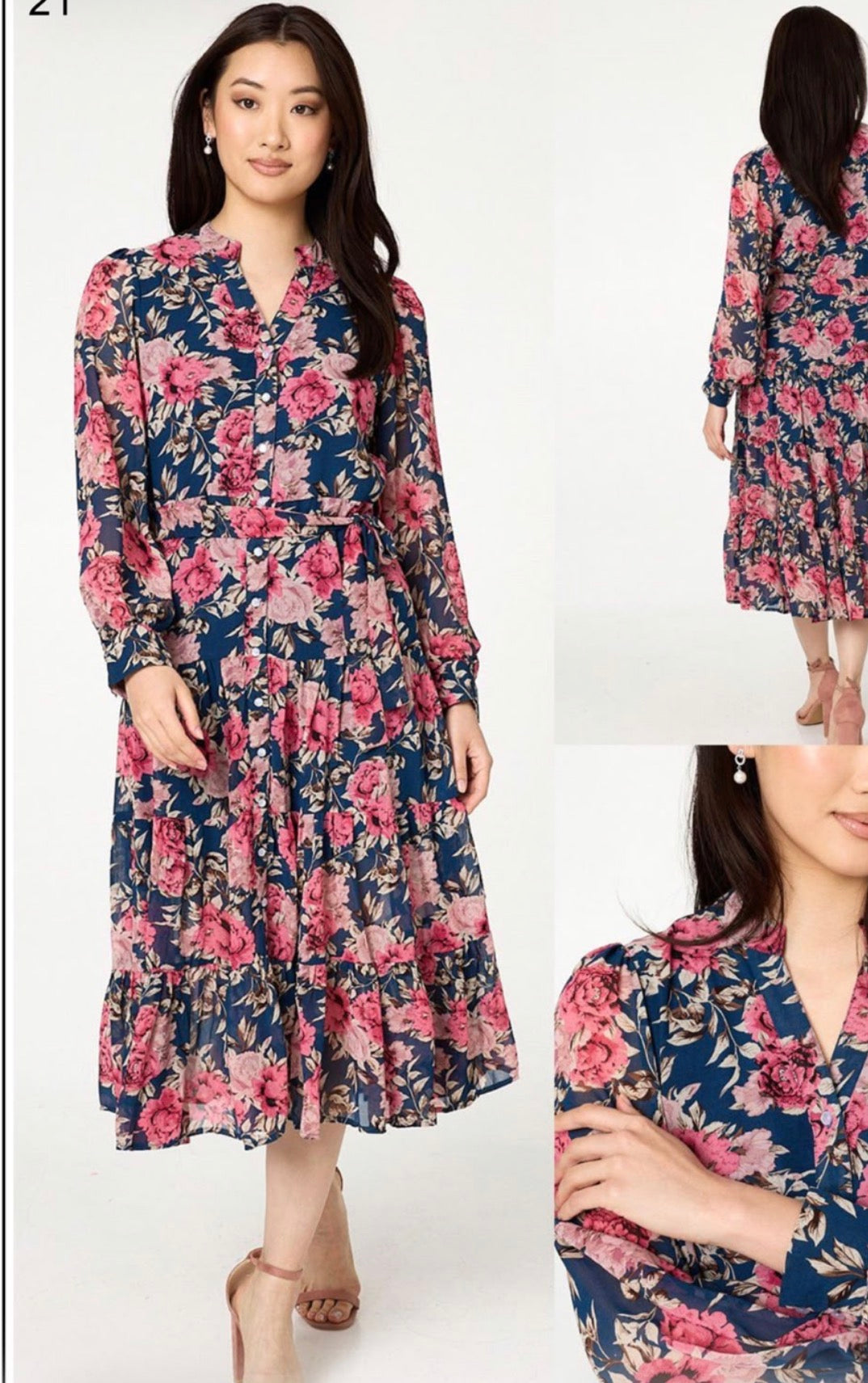 Stella Floral Tie-Waist Midi Dress – Navy & Pink