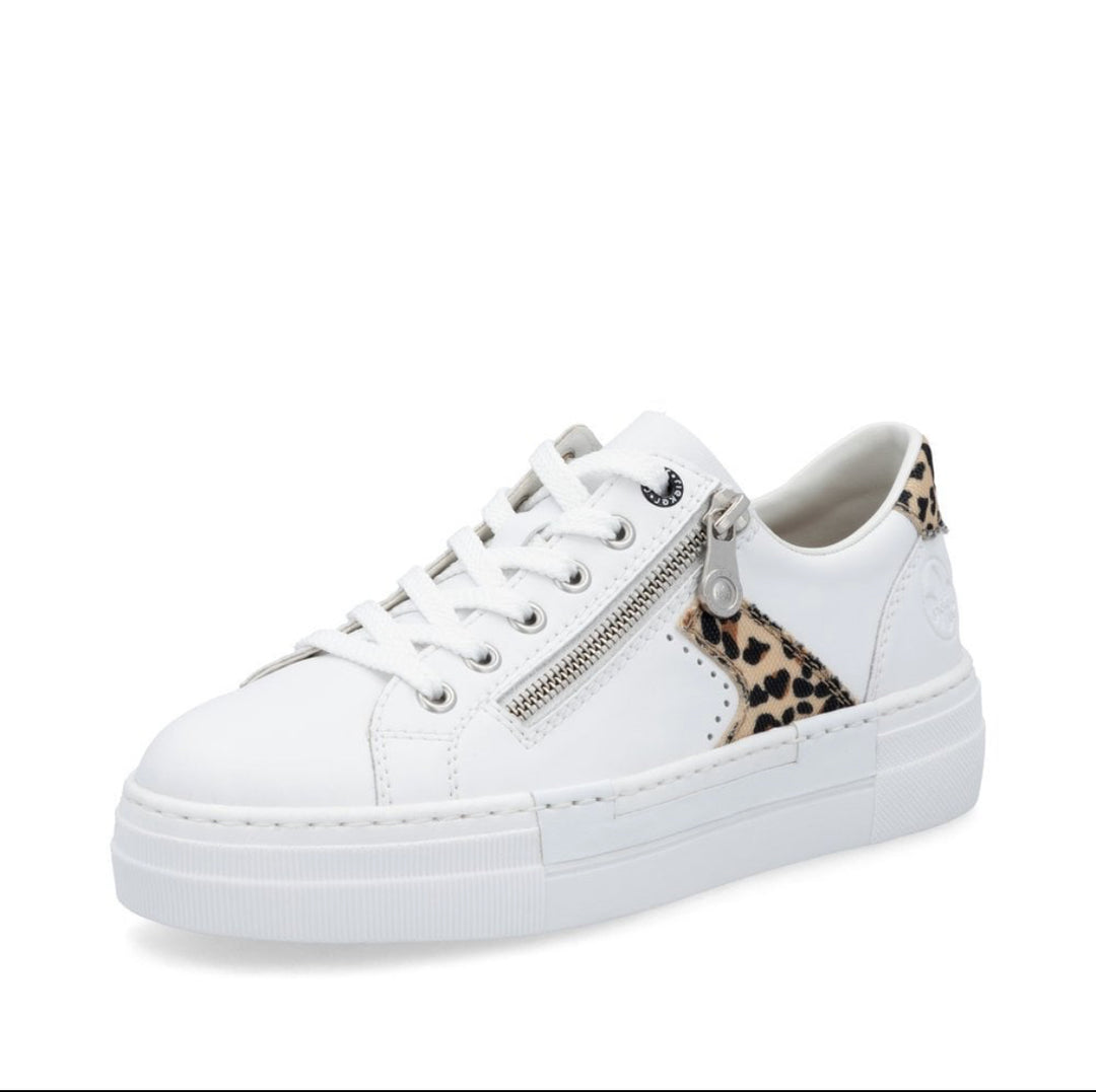 Rieker N4924-81 Ladies Zip Trainer- white/animal print