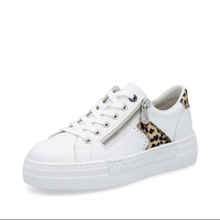 Rieker N4924-81 Ladies Zip Trainer- white/animal print