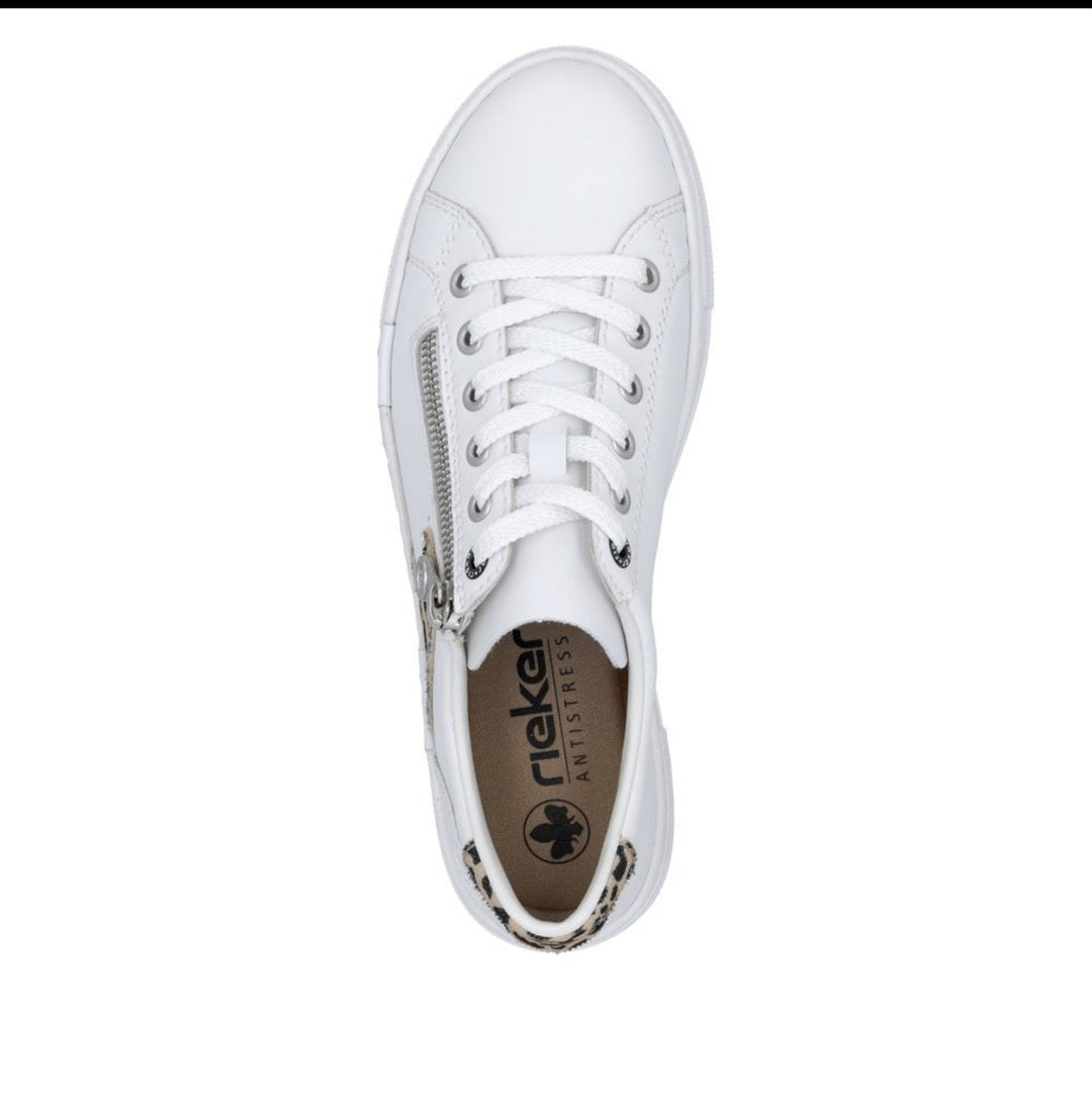 Rieker N4924-81 Ladies Zip Trainer- white/animal print