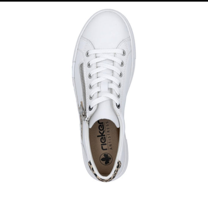Rieker N4924-81 Ladies Zip Trainer- white/animal print