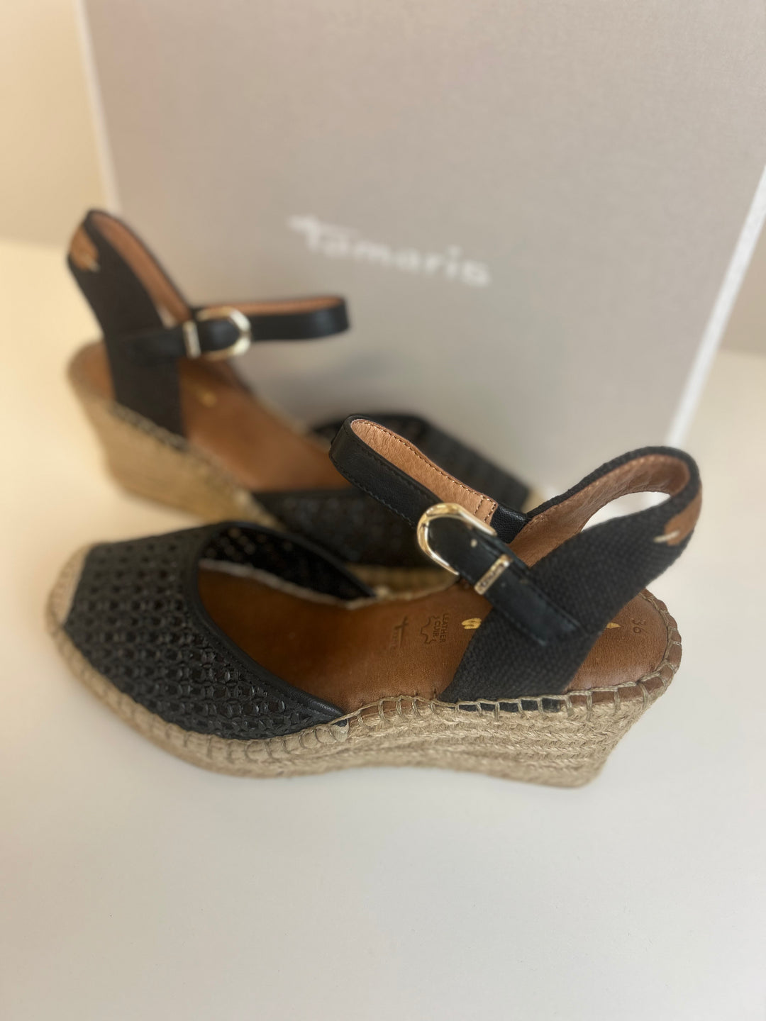 Tamaris Espadrill Wedge Sandals- Black