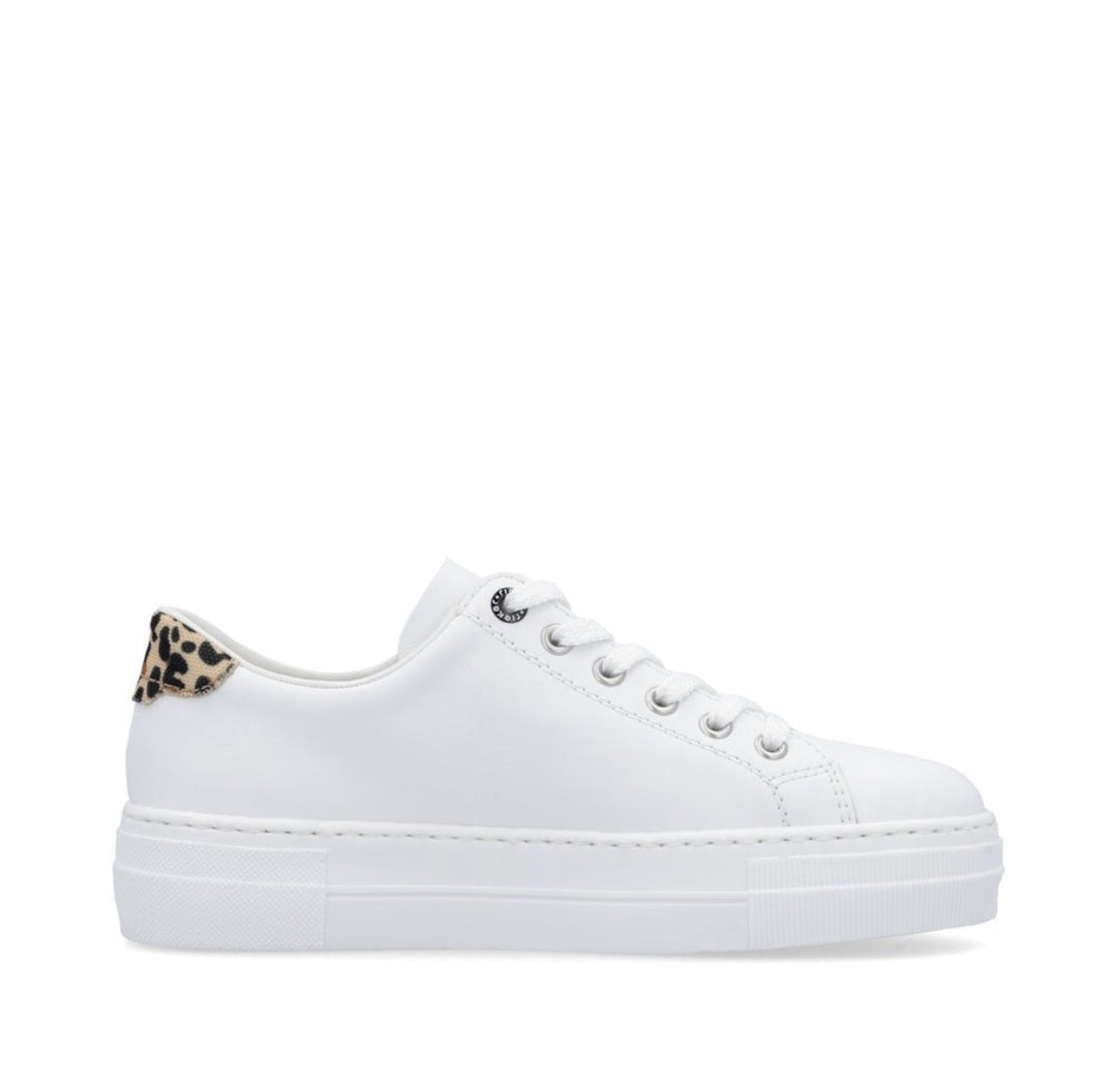 Rieker N4924-81 Ladies Zip Trainer- white/animal print