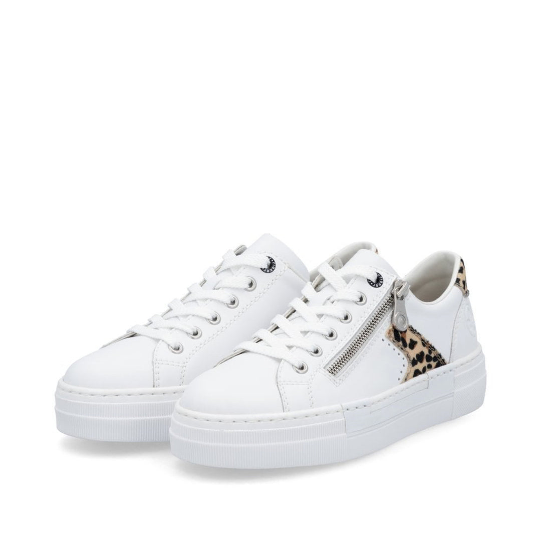 Rieker N4924-81 Ladies Zip Trainer- white/animal print
