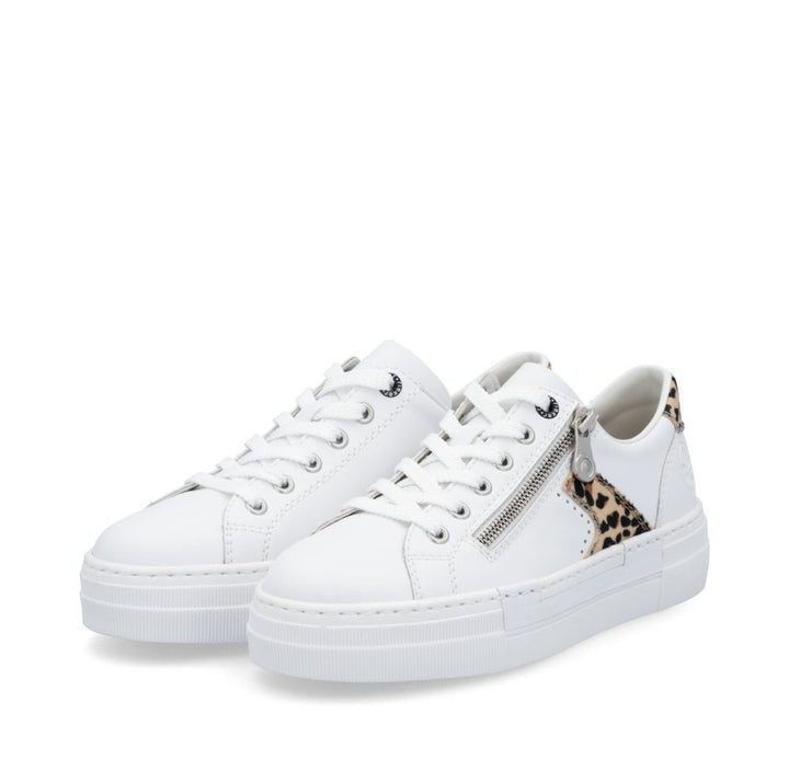 Rieker N4924-81 Ladies Zip Trainer- white/animal print