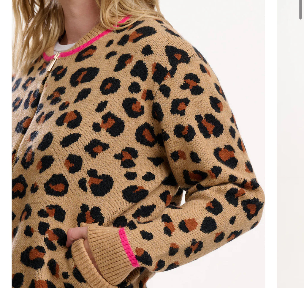 Sugarhill Brighton Solana Knitted Bomber- Tan/Black Leopard
