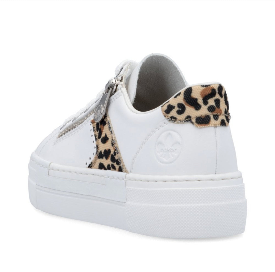 Rieker N4924-81 Ladies Zip Trainer- white/animal print