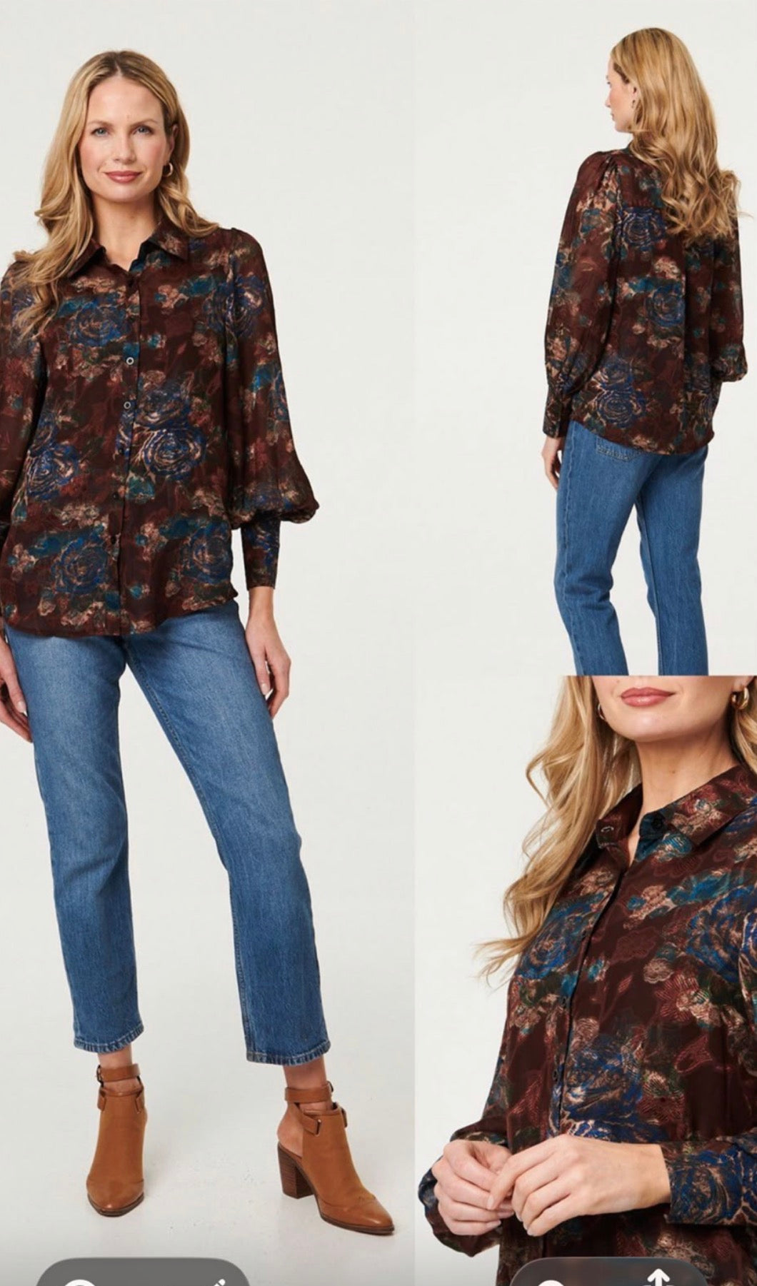 Women’s Sheer Floral Balloon Sleeve Button-Up Blouse – Brown Multi