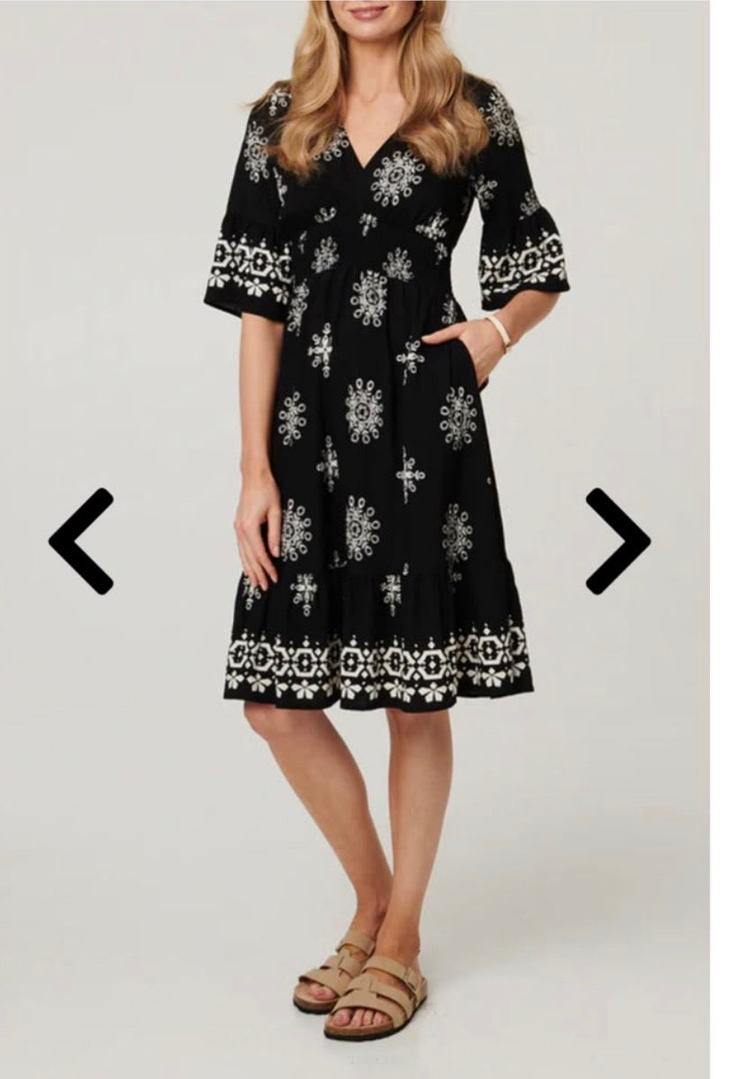 Stella Embroided Midi Dress- Black