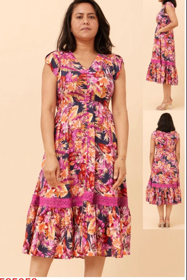 Stella Tropical Floral lace Pink Midi Dress