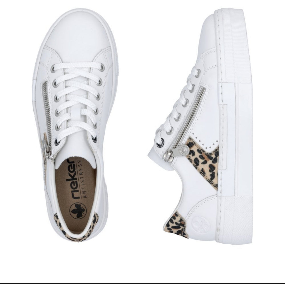 Rieker N4924-81 Ladies Zip Trainer- white/animal print