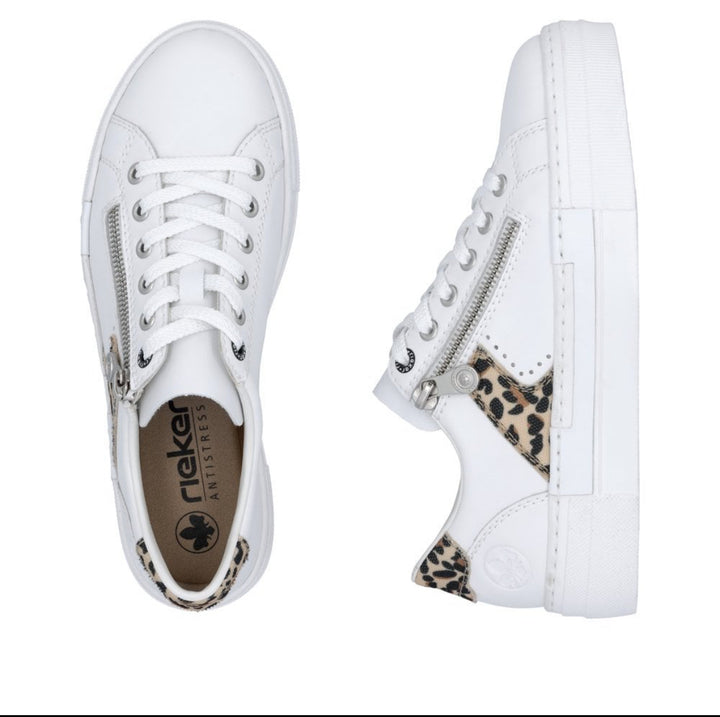 Rieker N4924-81 Ladies Zip Trainer- white/animal print