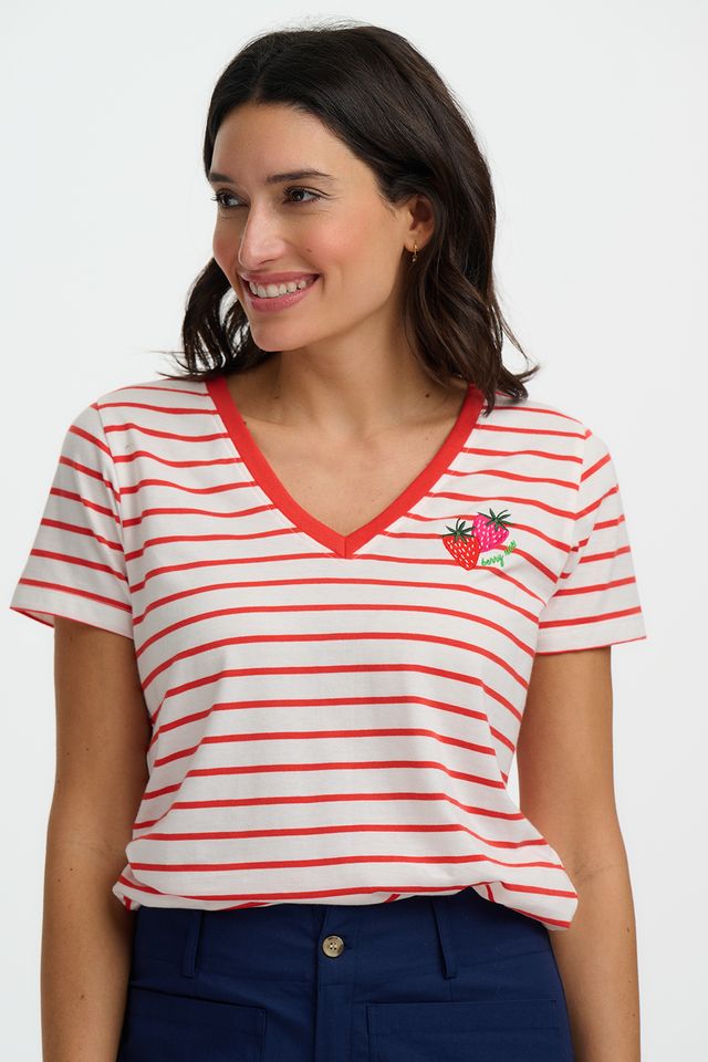 Sugarhill Brighton Khloe V-Neck T-Shirt-Red/Off White Stripe, Strawberry