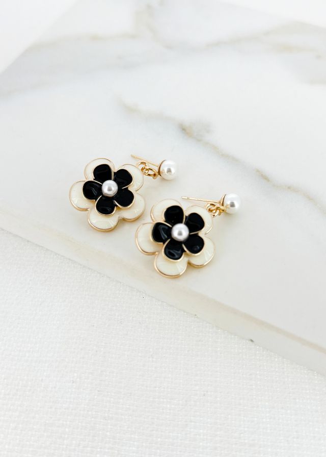 Envy Gold Black & Cream Enamel Flower Drop Earrings