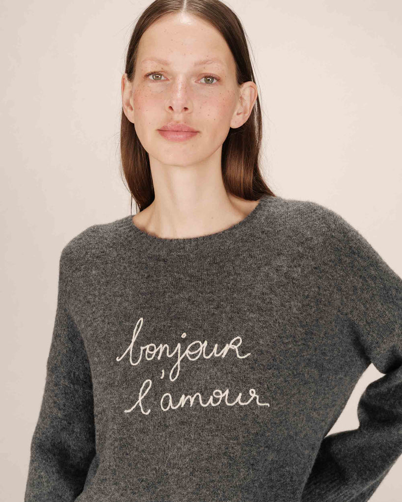 Grace & Mila Bonjour Grey Embroidered Sweater