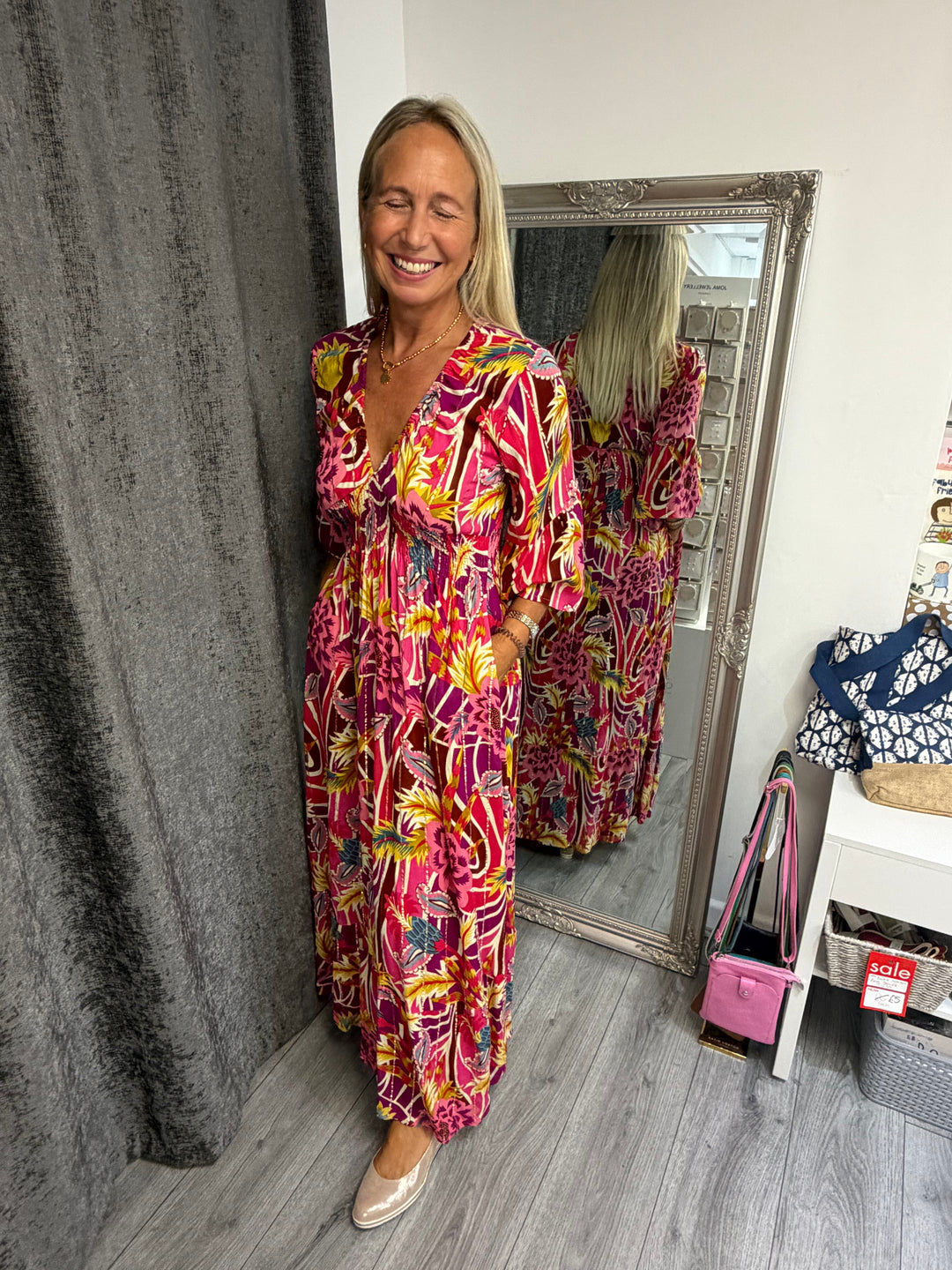 Metallic floral pink v neck bright maxi dress