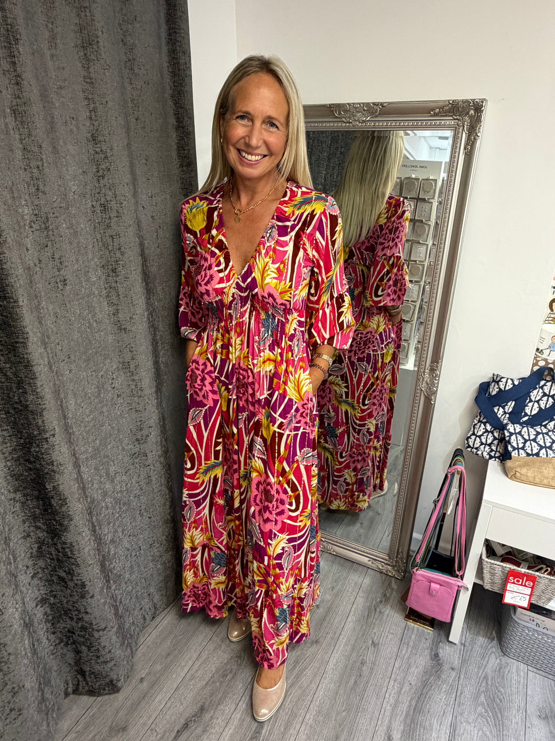 Metallic floral pink v neck bright maxi dress