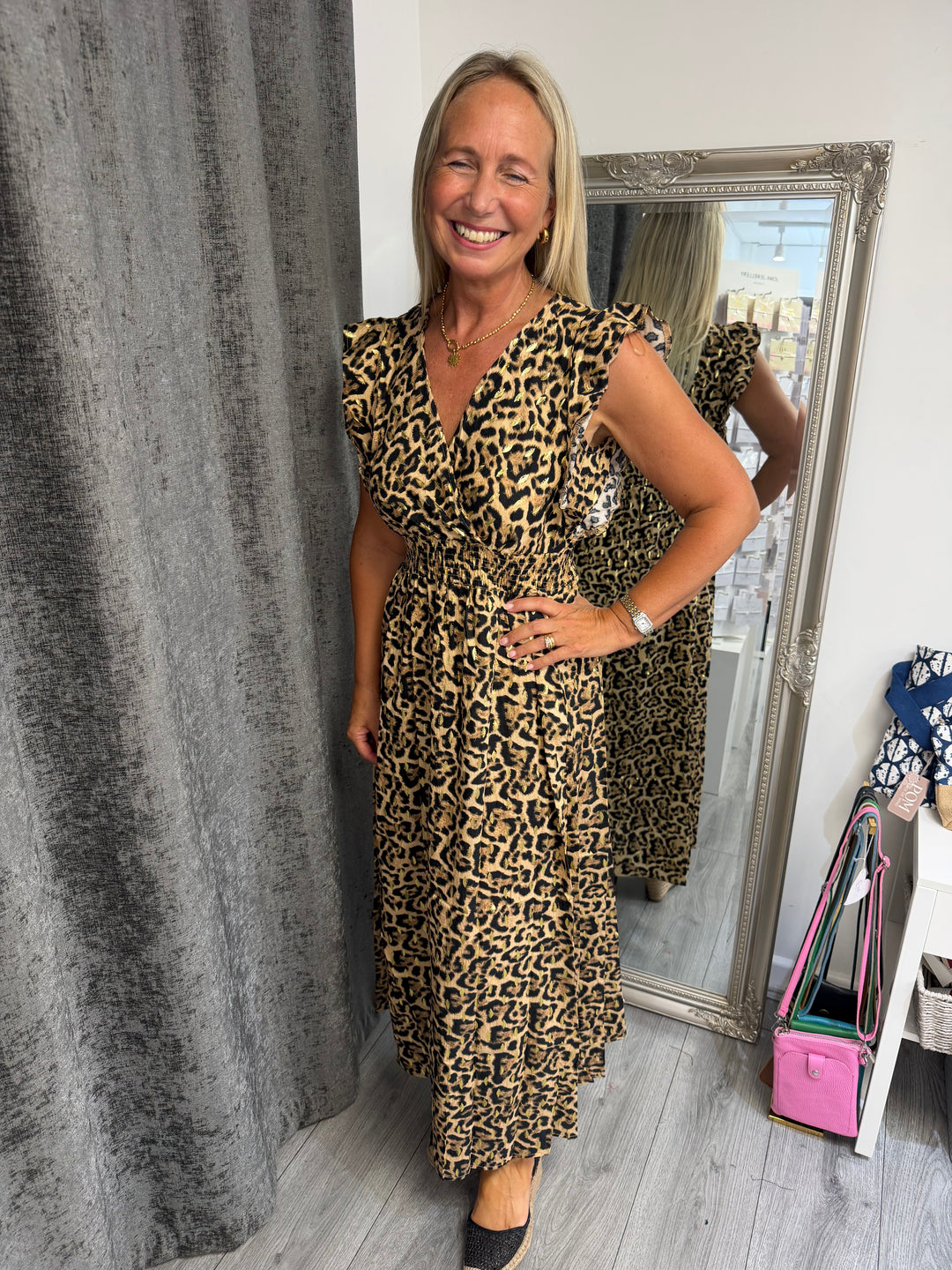 Leopard Print Shirred waist Maxi Dress