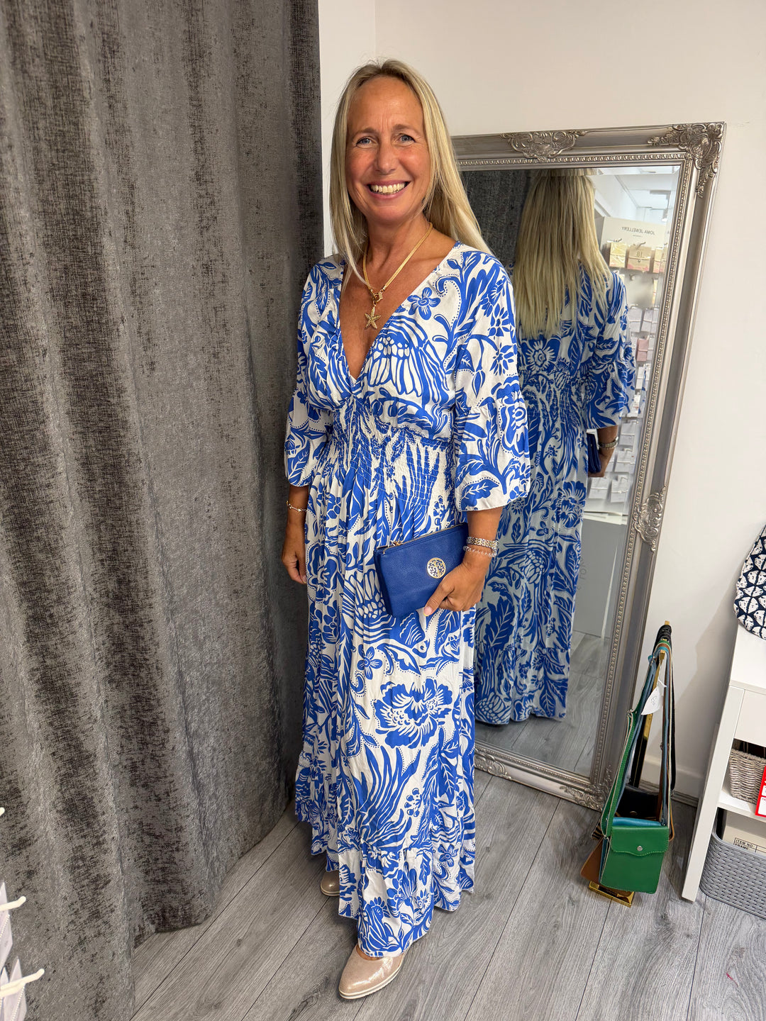 Italian Blue and White Print V neck Maxi Dress