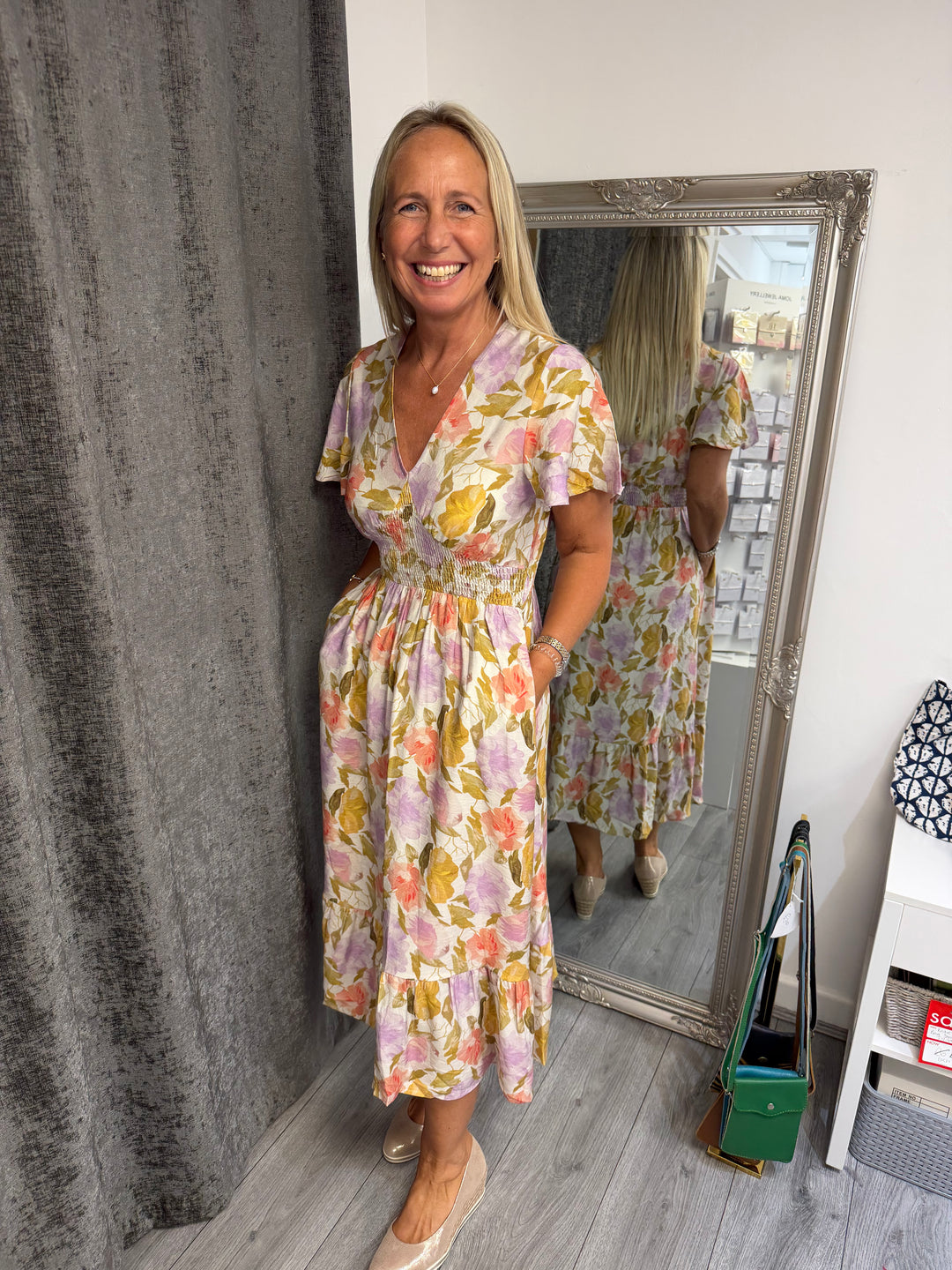 Italian Floral Shirred Midi Dress
