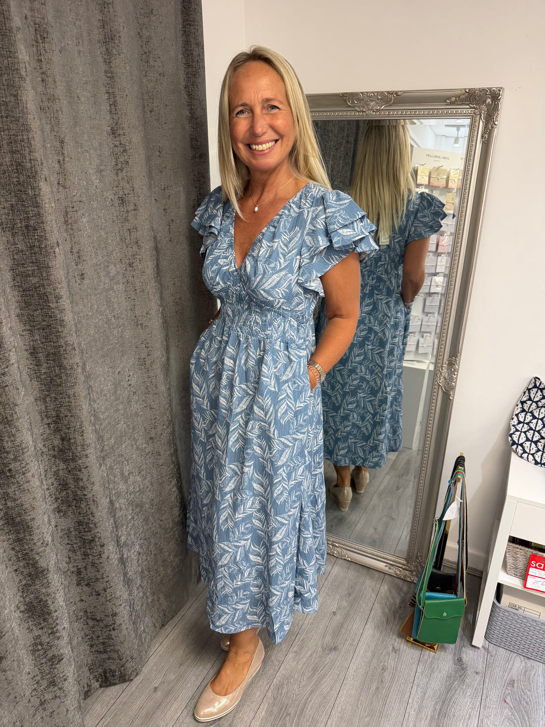Italian Blue leaf print shirred midi dress