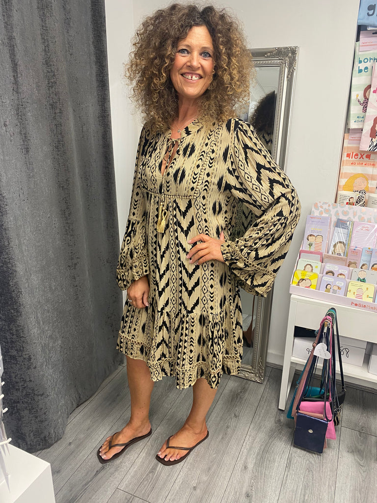 Italian Aztec Tassel Mini Smock Dress-Mocha